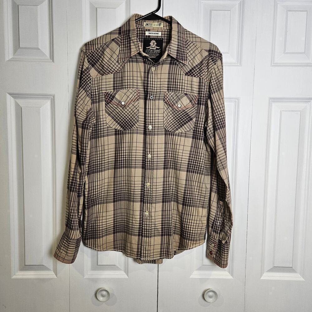 JACHS Just A Cheap Shirt Plaid Large White Pearl Button-Up Brown Plaid